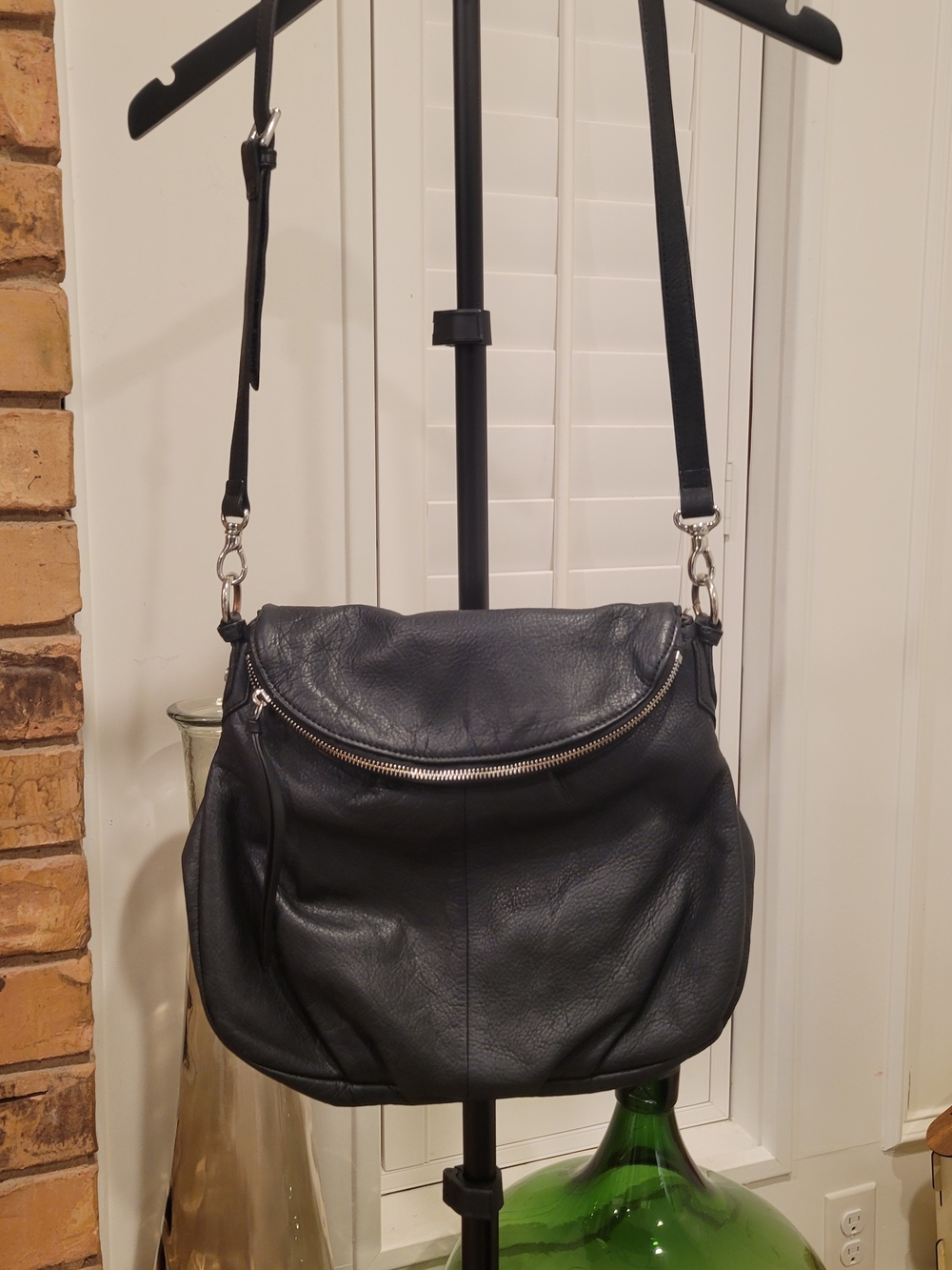 margot Black Leather Hobo Bag with Silver Zip